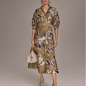 Donna Karan Floral Button-Up Shirt Dress with Belt. Size 8. Smoky Olive. NWT